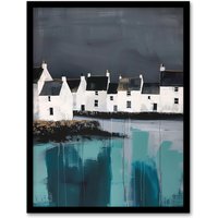 Artery8 Scottish Coastal Village Oil Painting Grey Sky Framed Art Print | Size: W12" x H16"