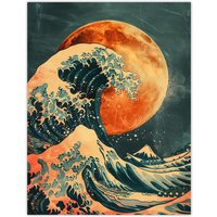 Artery8 Orange Moon Traditional Japanese Waves Artwork Wall Art Print | Size: W18" x H24"