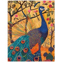 Artery8 Exotic Peacock in Tree with Roses Artwork Wall Art Print in Yellow | Size: W18" x H24"