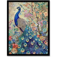 Artery8 Detailed Blue Peacock Wildflower Forest Painting Framed Art Print in Green | Size: W12" x H16"