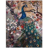 Artery8 Mosaic Peacock in Flowers Tree Detailed Artwork Wall Art Print | Size: W24" x H32"