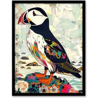 Artery8 Colourful Patterned Puffin Artwork Mosaic Floral Framed Art Print | Size: W12" x H16"