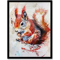 Artery8 Red Squirrel Painting Cute Woodland Animal Nature Framed Art Print in Brown | Size: A4