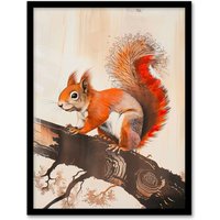 Artery8 Red Squirrel on Tree Branch Painting Drawing Framed Art Print in Brown | Size: A4