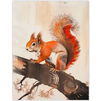 Artery8 Red Squirrel on Tree Branch Painting Drawing Wall Art Print in Brown | Size: W24" x H32"
