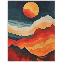 Artery8 Sunset Over Mountain Canyon Artwork Landscape Wall Art Print in Orange | Size: W24" x H32"