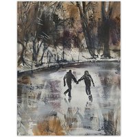 Artery8 Skaters on Frozen Lake Artwork Winter Dark Ice Wall Art Print in Grey | Size: W12" x H16"