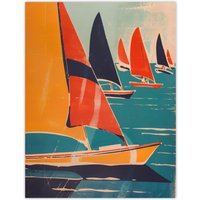 Artery8 Retro Sailboats at Sea Artwork Nautical Fun Wall Art Print in Orange | Size: W12" x H16"