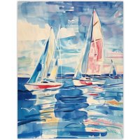 Artery8 Sailboats at Sea Oil Painting Nautical Seascape Wall Art Print in Blue | Size: W12" x H16"