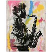 Artery8 Saxophone Player Portrait Paint Splash Street Art Wall Art Print | Size: W18" x H24"