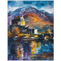 Artery8 Eilean Donan Castle Oil Painting Skye Scotland Wall Art Print in Blue | Size: W18" x H24"