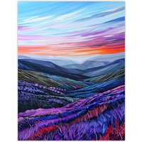 Artery8 Scottish Heather Fields Artwork Purple Hills Wall Art Print in Blue | Size: W24" x H32"
