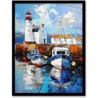 Artery8 Scottish Harbour Oil Painting Lighthouse Rustic Framed Art Print in Blue | Size: A4