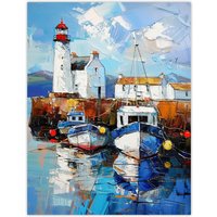 Artery8 Scottish Harbour Oil Painting Lighthouse Rustic Wall Art Print in Blue | Size: W18" x H24"