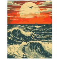 Artery8 Ocean Waves at Sunset Painting Seascape Bird Wall Art Print in Orange | Size: W12" x H16"
