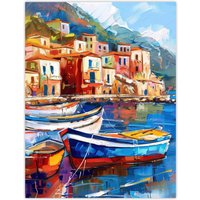 Artery8 Colourful Fishing Village Oil Painting Harbour Wall Art Print in Blue | Size: W24" x H32"