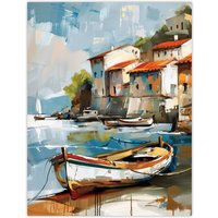 Artery8 Fishing Village Oil Painting Boats Coastal Summer Wall Art Print in Blue | Size: W24" x H32"