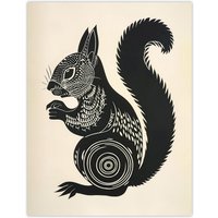 Artery8 Tribal Squirrel Artwork Black & White Nature Wall Art Print | Size: W18" x H24"