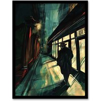 Artery8 Moody Stroll in Alleyway Painting Dark Film Noir Framed Art Print in Black | Size: W12" x H16"