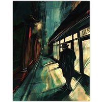 Artery8 Moody Stroll in Alleyway Painting Dark Film Noir Wall Art Print in Black | Size: W12" x H16"