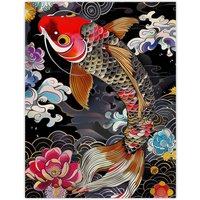 Artery8 Colourful Koi Carp Tattoo Artwork Lotus Flowers Wall Art Print in Black | Size: W18" x H24"