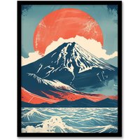 Artery8 Mount Fuji Sun Japanese Bold Artwork Blue Orange Framed Art Print | Size: W12" x H16"