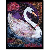 Artery8 Magical Swan Artwork Enchanted Purple Pink Framed Art Print in Black | Size: A4