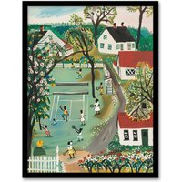 Artery8 Colourful Tennis Game Houses & Trees Painting Framed Art Print in Green | Size: W12" x H16"