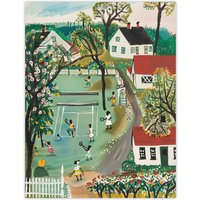 Artery8 Colourful Tennis Game Houses & Trees Painting Wall Art Print in Green | Size: W24" x H32"