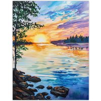 Artery8 Sunset on Calm Lake Oil Painting Tranquil Peace Wall Art Print | Size: W18" x H24"