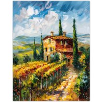 Artery8 Summer Tuscan Farmhouse Oil Painting Colourful Wall Art Print in Green | Size: W18" x H24"