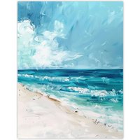 Artery8 Ocean Waves on Sandy White Beach Oil Painting Wall Art Print in Blue | Size: W12" x H16"