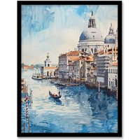 Artery8 Venice Watercolour St Mark's Basilica Detailed Framed Art Print in Blue | Size: W12" x H16"