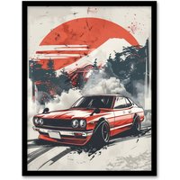 Artery8 Retro Vintage Sportscar Classic Japanese Red Sky Framed Art Print | Size: W12" x H16"
