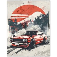 Artery8 Retro Vintage Sportscar Classic Japanese Red Sky Wall Art Print | Size: W12" x H16"