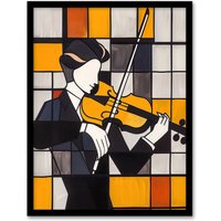 Artery8 Violinist Painting Cubism Classical Music Lover Framed Art Print in Yellow | Size: A4