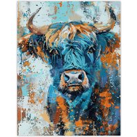 Artery8 Blue Highland Cow Oil Painting Scottish Animal Wall Art Print | Size: W24" x H32"