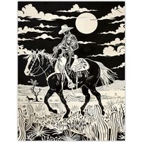 Artery8 Midnight Cowboy Black & White Western Desert Wall Art Print | Size: W24" x H32"