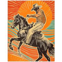 Artery8 Abstract Cowboy on Horse Sunset Western America Wall Art Print in Orange | Size: W12" x H16"