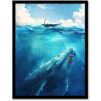 Artery8 Whale Under Boat Oil Painting Sea Animal Framed Art Print in Blue | Size: A4