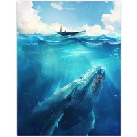 Artery8 Whale Under Boat Oil Painting Sea Animal Wall Art Print in Blue | Size: W12" x H16"