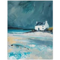 Artery8 White Scottish Cottage Coastal Hills Oil Painting Wall Art Print in Grey | Size: W18" x H24"