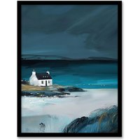 Artery8 Scottish Cottage on Coast Timeless Oil Painting Framed Art Print in Blue | Size: A4