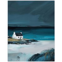 Artery8 Scottish Cottage on Coast Timeless Oil Painting Wall Art Print in Blue | Size: W12" x H16"