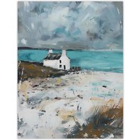 Artery8 Timeless Scottish Cottage on Loch Oil Painting Wall Art Print in Grey | Size: W24" x H32"