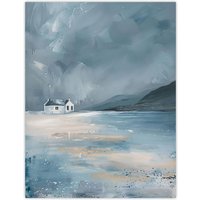 Artery8 Classic Scottish Cottage on Coast Oil Painting Wall Art Print in Grey | Size: W24" x H32"