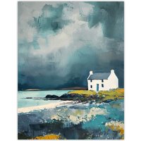 Artery8 Classic Scottish Lochside Cottage Oil Painting Wall Art Print in Grey | Size: W24" x H32"