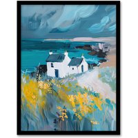 Artery8 Coastal Scottish Cottage Wildflowers Oil Painting Framed Art Print in Blue | Size: A4