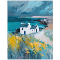 Artery8 Coastal Scottish Cottage Wildflowers Oil Painting Wall Art Print in Blue | Size: W18" x H24"