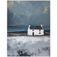 Artery8 Scottish Lochside Farmhouse Oil Painting Shore Wall Art Print in Grey | Size: W24" x H32"